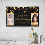 Banderoles Photo d'anniversaire noir or étoiles deux amis jum<br><div class="desc">Une bannière pour une fête d'anniversaire girly et glamour pour deux filles, femmes, jumeaux. Un arrière - plan noir élégant avec des étoiles faux or coulant. Personnalisez et ajoutez vos propres 2 photos des filles d'anniversaire. Texte : Joyeux anniversaire. Le mot Anniversaire et les noms sont écrits avec un script...</div>