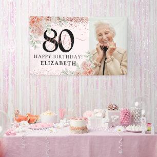 Banderoles Photo de 80e anniversaire floral rose élégant