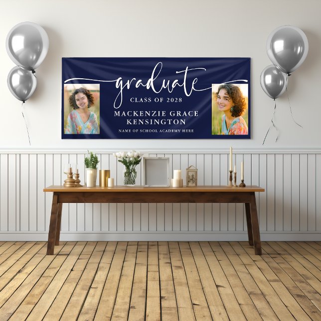 Banderoles Photo de script moderne Marine Bleu Graduation (Modern Script Photo Navy Blue Graduation Banner)