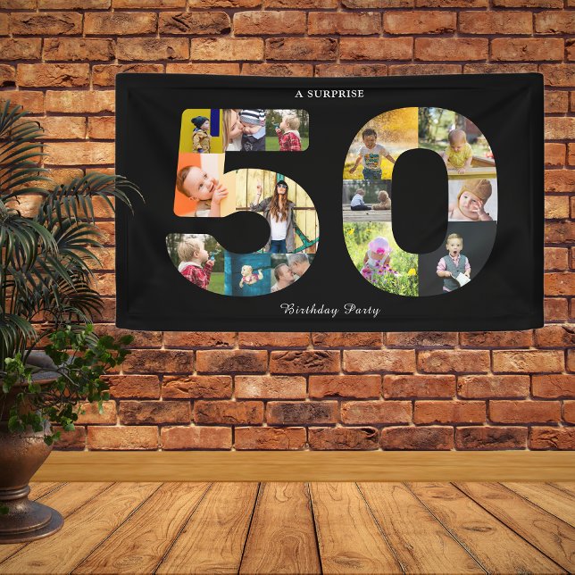 Banderoles Photo du 50e anniversaire de la fête Collage noir  (50th birthday wall banner with photo collage)