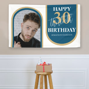 Banderoles Photo Moderne Retro Bleu Et Or Anniversaire