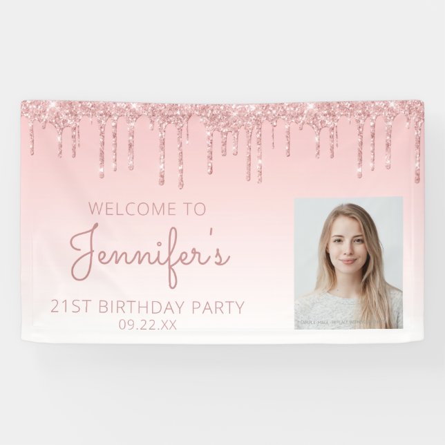 Banderoles Photo personnalisée Parties scintillant rose Drip  (Horizontal)