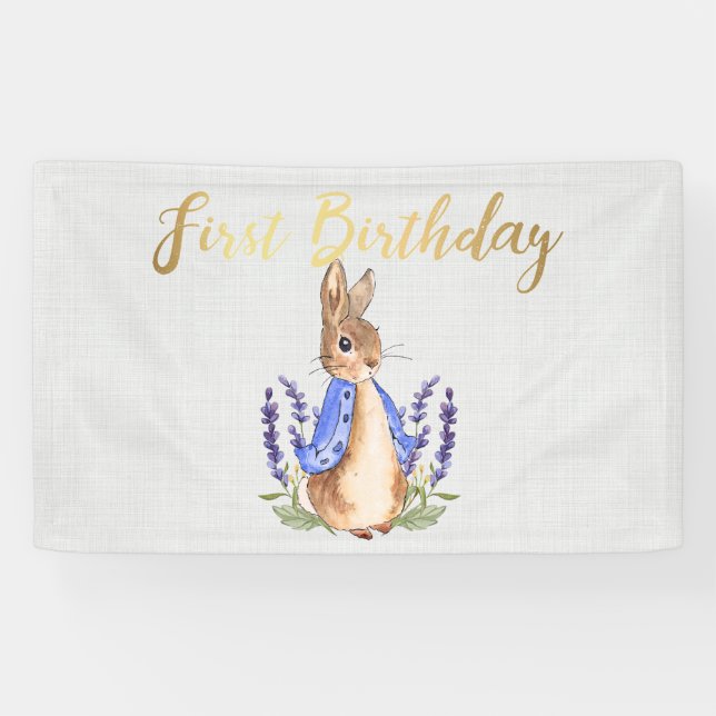 Banderoles Pierre le lapin gris lin 1er anniversaire (Horizontal)