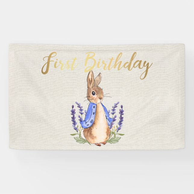 Banderoles Pierre le lapin lin beige 1er anniversaire (Horizontal)