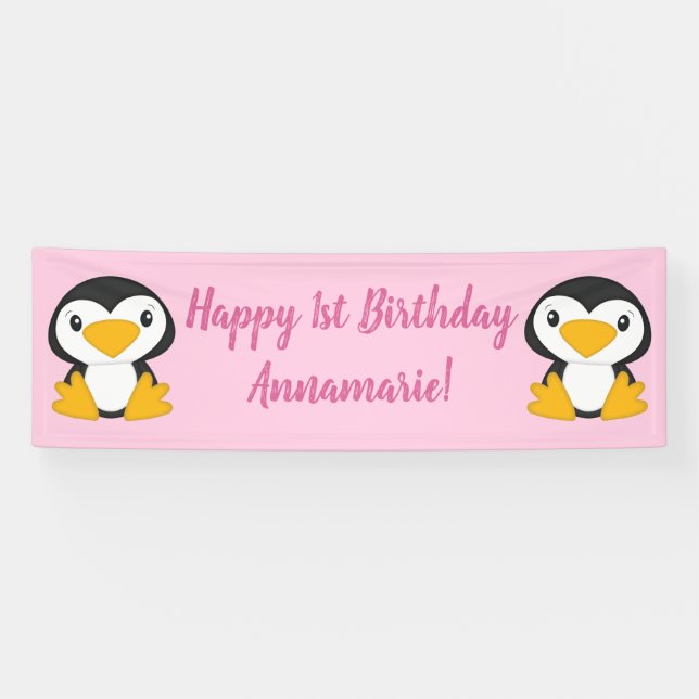 Banderoles Pingouin Anniversaire rose (Horizontal)