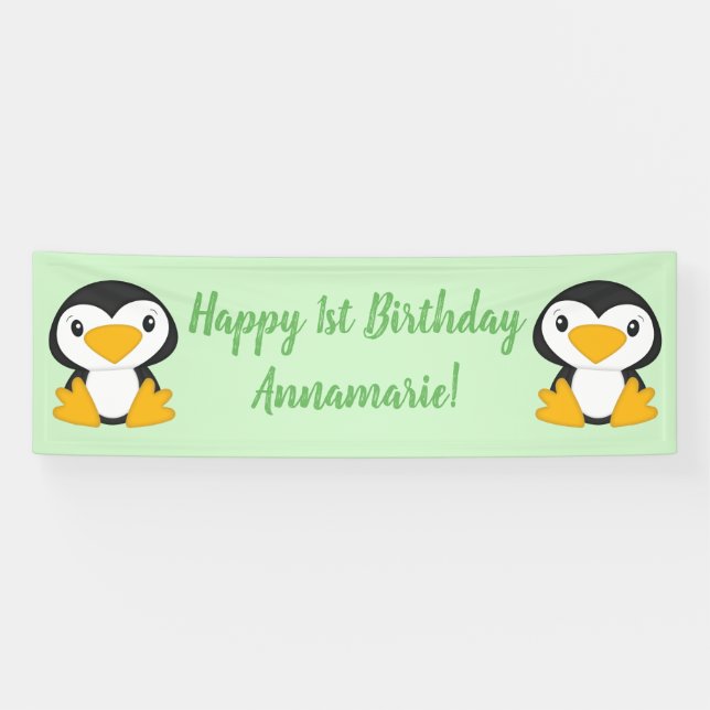 Banderoles Pingouin fête d'anniversaire Vert (Horizontal)