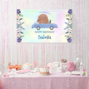 Banderoles Pink Bear Race car Fleur tropicale fête d'annivers