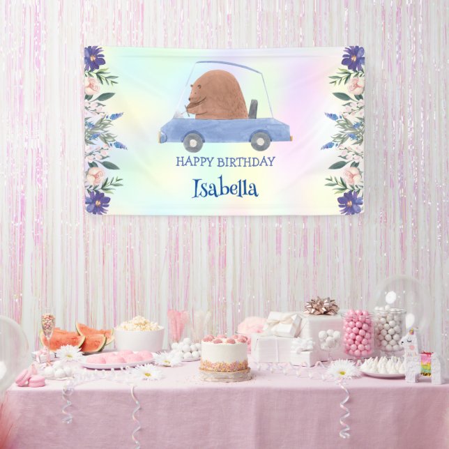 Banderoles Pink Bear Race car Fleur tropicale fête d'annivers (Fête)