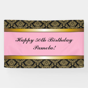 Banderoles Pink Black Any Age Gold Damask Anniversaire Banniè