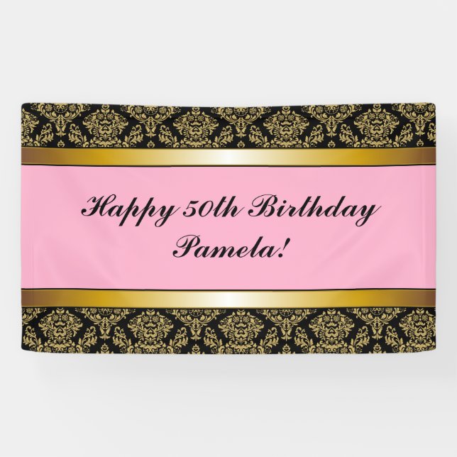 Banderoles Pink Black Any Age Gold Damask Anniversaire Banniè (Horizontal)