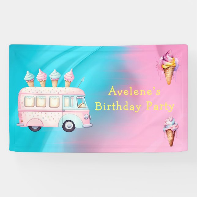 Banderoles Pink Blue Ice Cream Camion fête d'anniversaire (Horizontal)