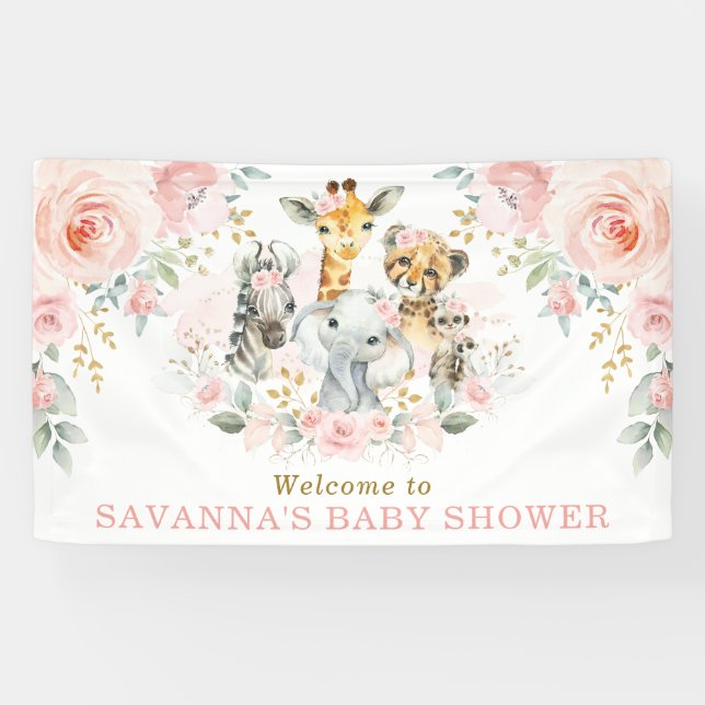 Banderoles Pink Blush Flower Jungle Safari Baby Girl Welcome (Horizontal)
