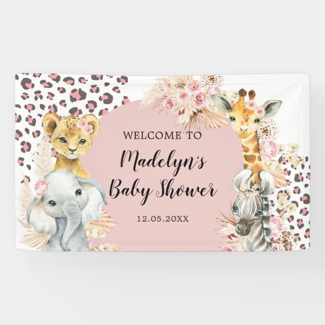 Banderoles Pink Boho Safari Party Animaux Fille Grande banniè (Horizontal)