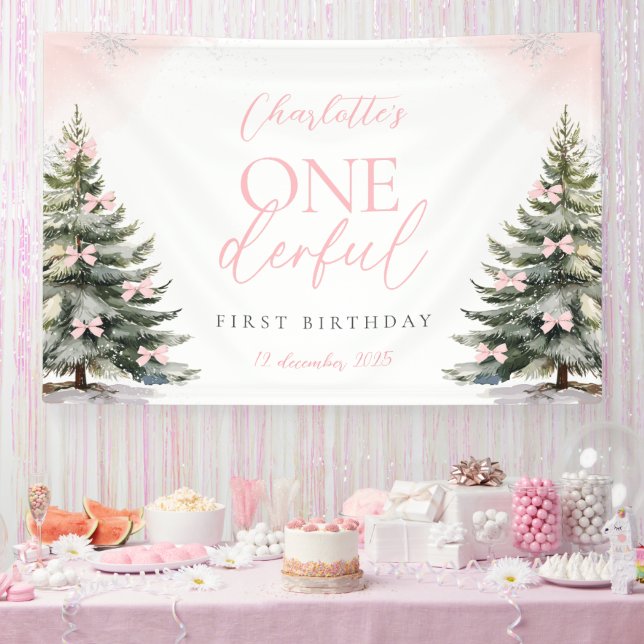 Banderoles Pink Bow Pine Trees Winter Onederland 1st Birthday (Fête)