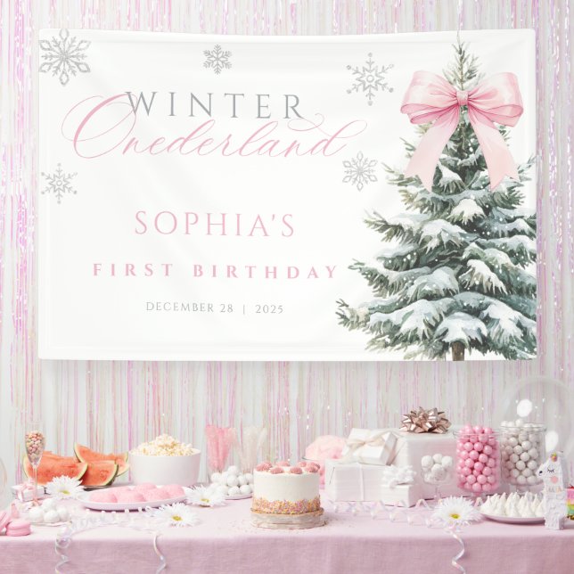 Banderoles Pink Bow Winter Onederland First Birthday Banner (Fête)