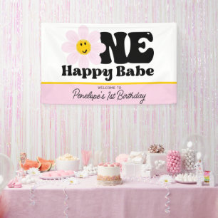 Banderoles Pink Daisy One Happy Babe First Birthday Banner