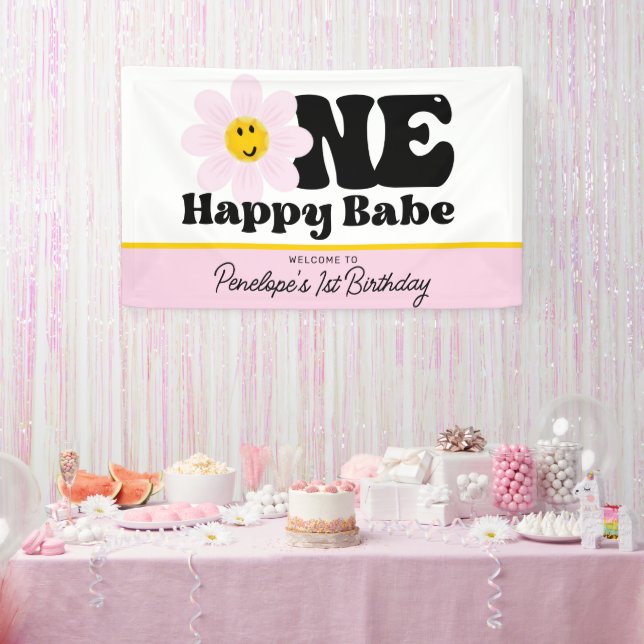Banderoles Pink Daisy One Happy Babe First Birthday Banner (Fête)