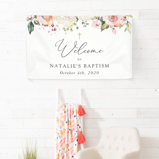 Banderoles Pink Flowers, White Flowers, Boho, Baptism Welcome (En situation)