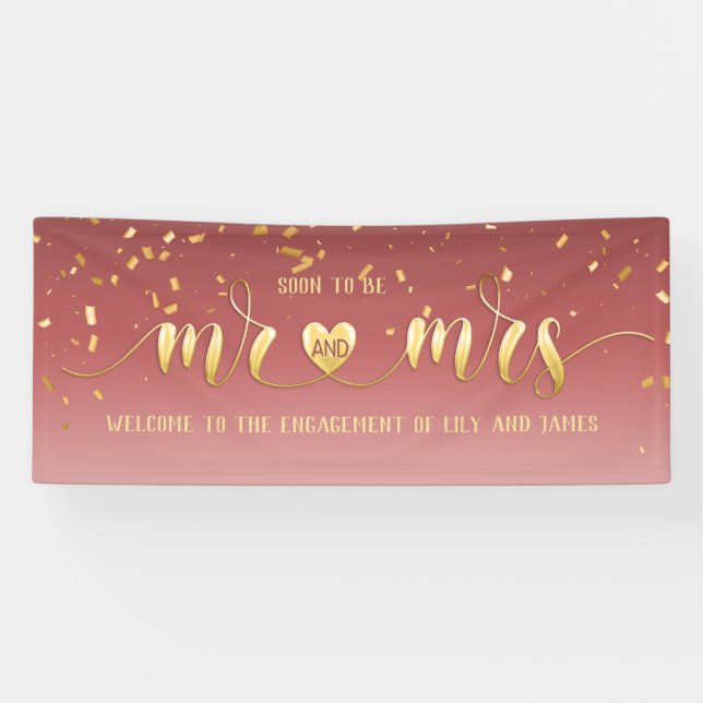 Banderoles Pink Gold Mr et Mrs Fiançailles Banner (Horizontal)