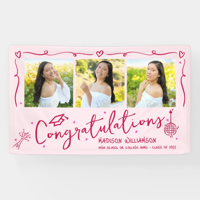 Banderoles Pink Hand Drawn Red Doodles Graduation 3 Photo Fun (Horizontal)