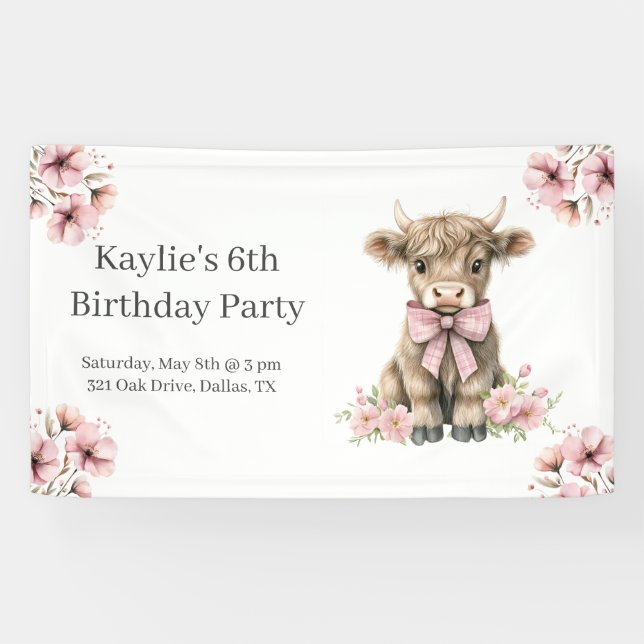Banderoles Pink Highland Cow fête d'anniversaire (Horizontal)