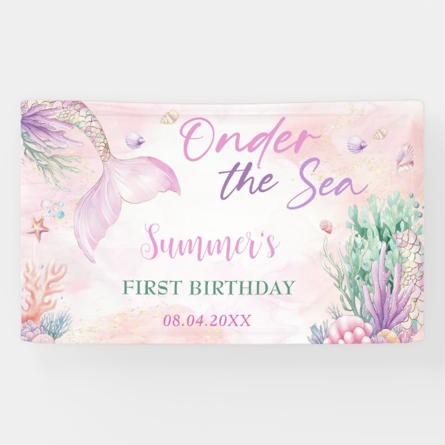 Banderoles Pink Mermaid 1st Birthday Oneder the Sea Party (Horizontal)