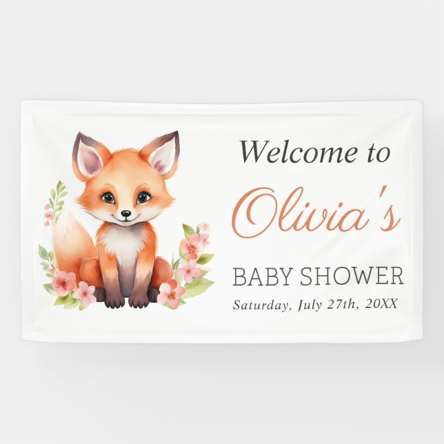 Banderoles Pink Peach Woodland Fox Baby Shower Banner (Horizontal)