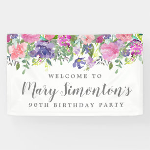 Banderoles Pink Purple Floral 90e fête d'anniversaire Bienven
