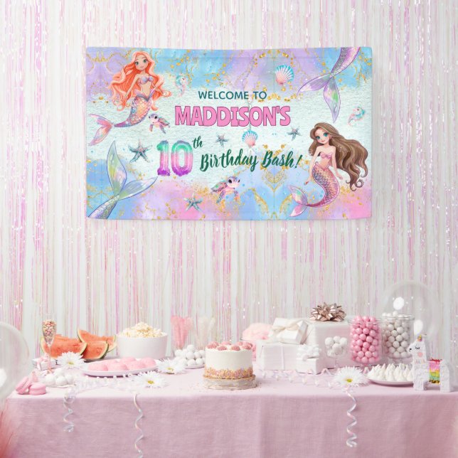 Banderoles Pink Purple Glitter Mermaids 10th Birthday Welcome (Fête)