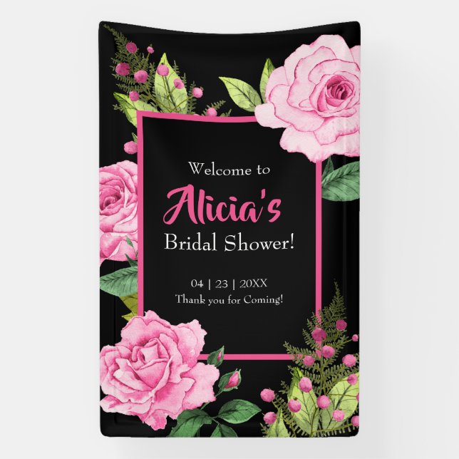 Banderoles Pink Roses on Black Bridal Shower Vertical (Verticale)