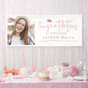 Banderoles Pink Simple Modern Script Photo Graduation Party