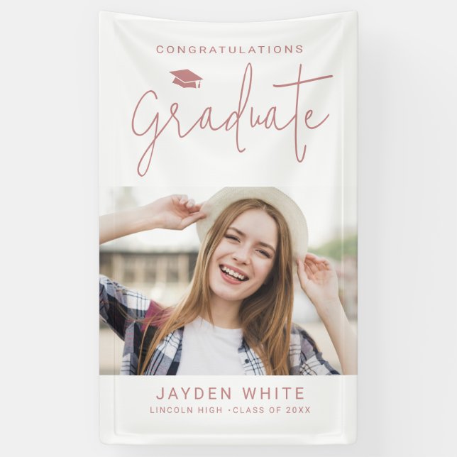 Banderoles Pink Simple Modern Script Photo Graduation Party (Vertical)