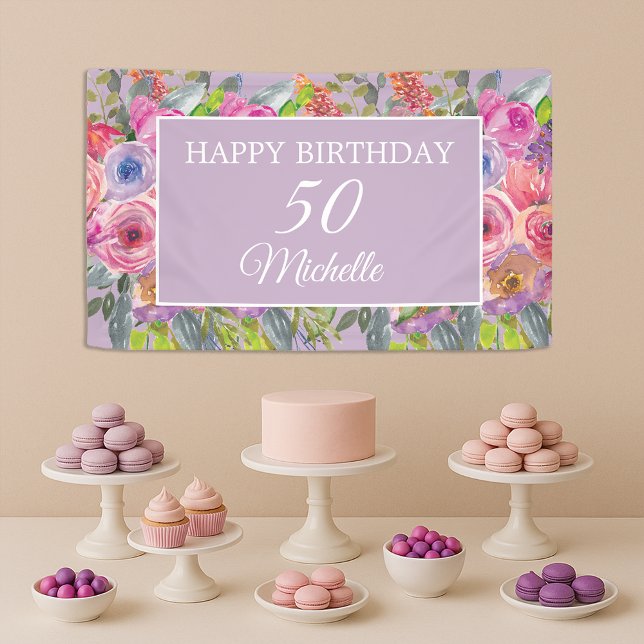 Banderoles Pink violet Fleurs sauvages Joyeux 50e anniversair (Elegant purple and pink watercolor floral 50th birthday party banner)