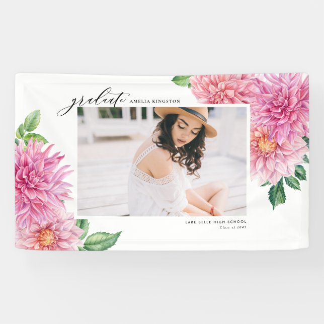 Banderoles Pink Watercolor Dahlia Botanical Graduation Photo  (Horizontal)
