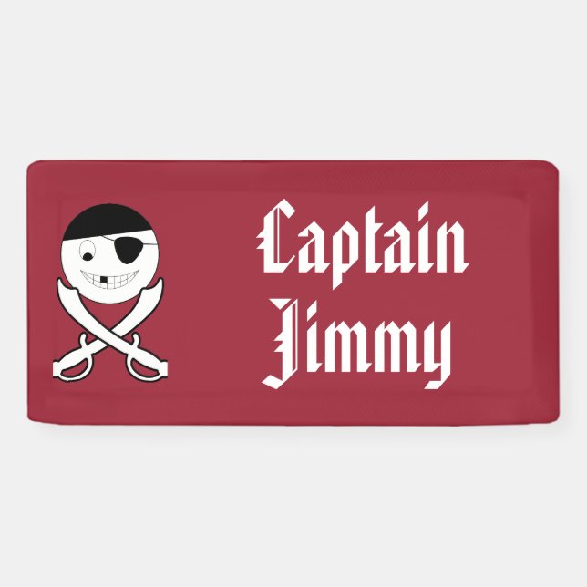 Banderoles Pirate souriant avec épées croisées sur rouge (Horizontal)