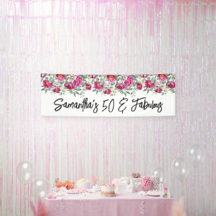 Banderoles Pivoines aquarelle rose chaud 50 ans et fabuleux L