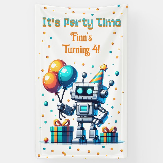 Banderoles Pixel Art Robot Boy's Birthday Party (Vertical)