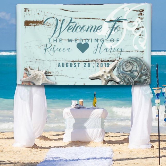 Banderoles plage tropicale aqua bleu mariage (tropical beach aqua blue seashell wedding banner)