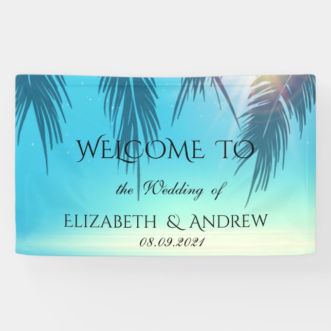 Banderoles Plage Tropicale Fraîche, Mariage Bleu Palmier (Horizontal)