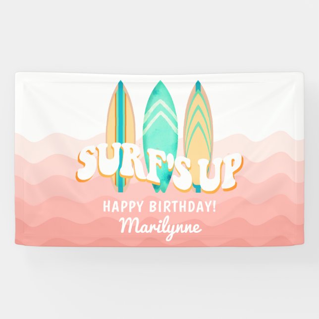 Banderoles Planche de surf rose pour anniversaire (Horizontal)