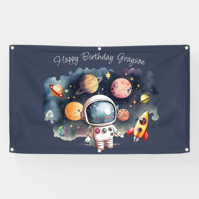 Banderoles Planètes de l'espace bleu Joyeux Anniversaire (Horizontal)