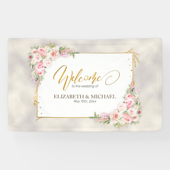 Banderoles Pony rose Floral Gold Script & Mariage de cadre (Horizontal)