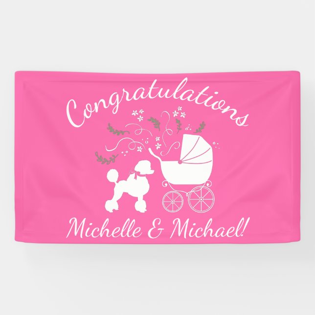 Banderoles Poodle Baby shower Chien Chien Chiot Rose Girl (Horizontal)