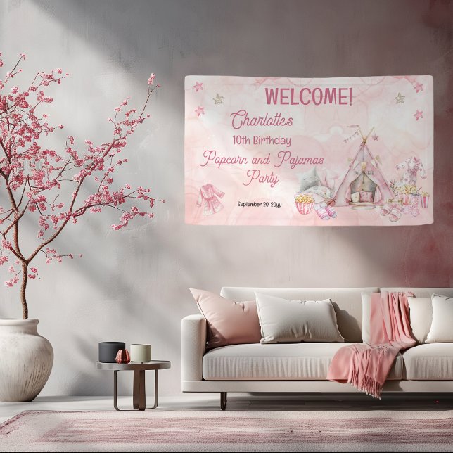 Banderoles Popcorn rose et Pyjamas Swood fête d'anniversaire (Pink "Popcorn and Pajamas" Slumber | Sleepover Birthday Party Banner - Horizontal - Any Age)