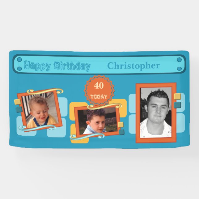 Banderoles Pour les hommes 40e ajouter des photos nom bleu fê (Horizontal)
