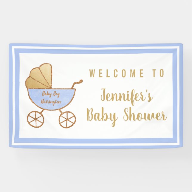 Banderoles Poussette bleue Baby Boy Douche Bienvenue (Horizontal)