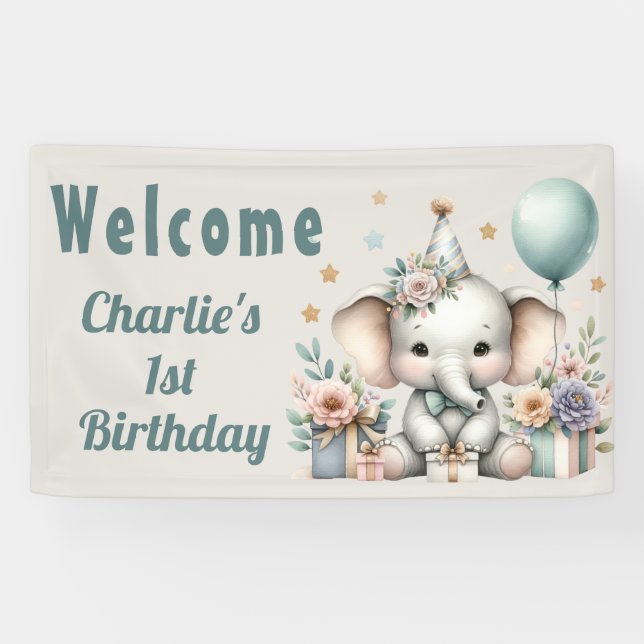 Banderoles Premier anniversaire de bébé éléphant  (Horizontal)
