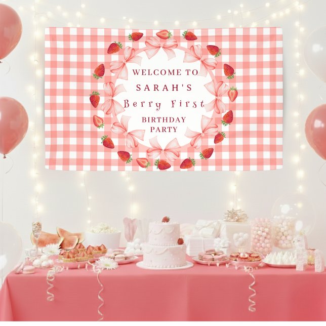 Banderoles Première année de Coquette Berry, Gingham rouge (Coquette Berry First Birthday Red Gingham Banner)