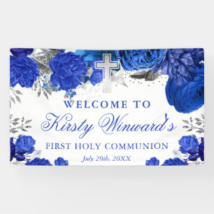 Banderoles Première communion Fleurs Bleues Argent Aquarelle