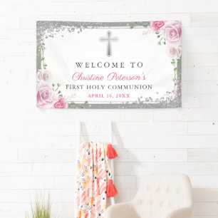 Banderoles Première communion sainte d'argent rose floral Bi
